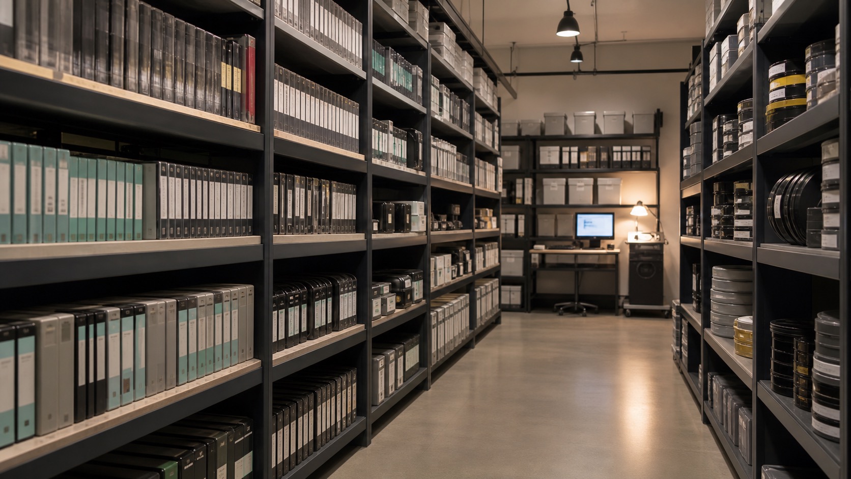Rows of broadcast tape and media-archive storage on library shelves