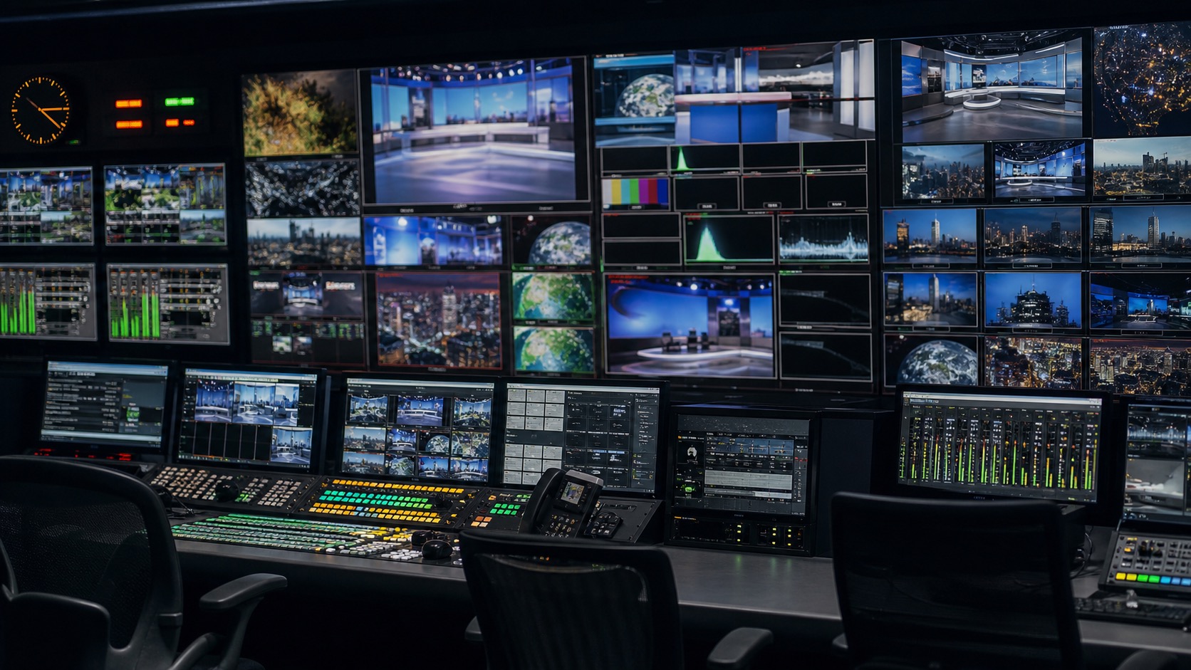 Broadcast control room with a wall of program monitors during a live newsroom segment