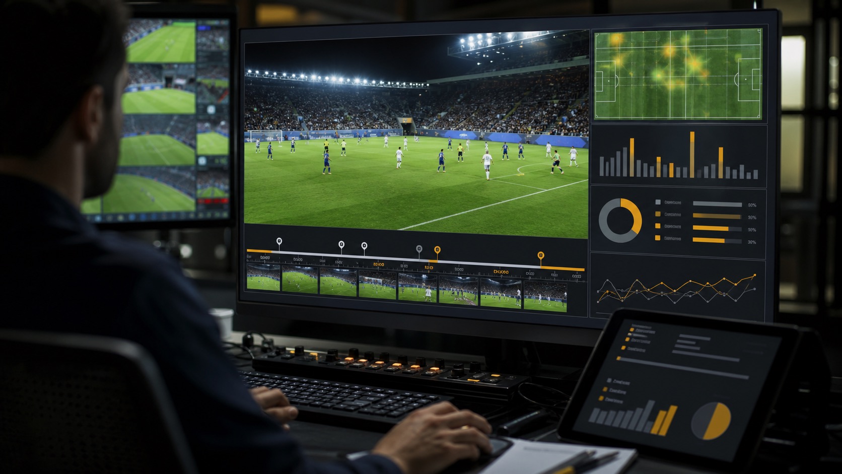 Sports video operations dashboard showing highlight and sponsor analytics